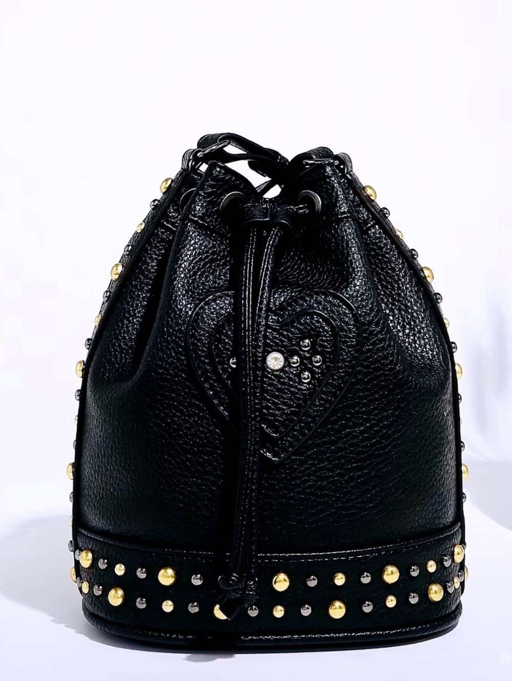 New -Gorgeous Faux Leather Bucket Bag w/Heart & Stud Accents
